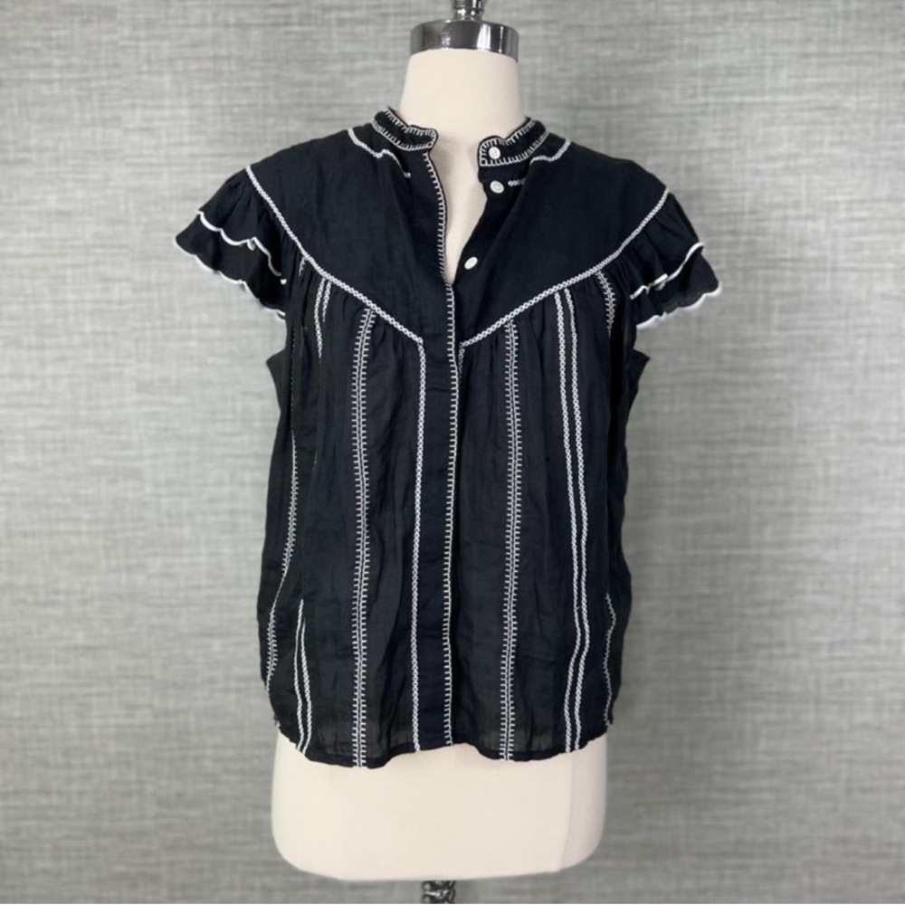 Frame Denim Black and White Embroidered Top